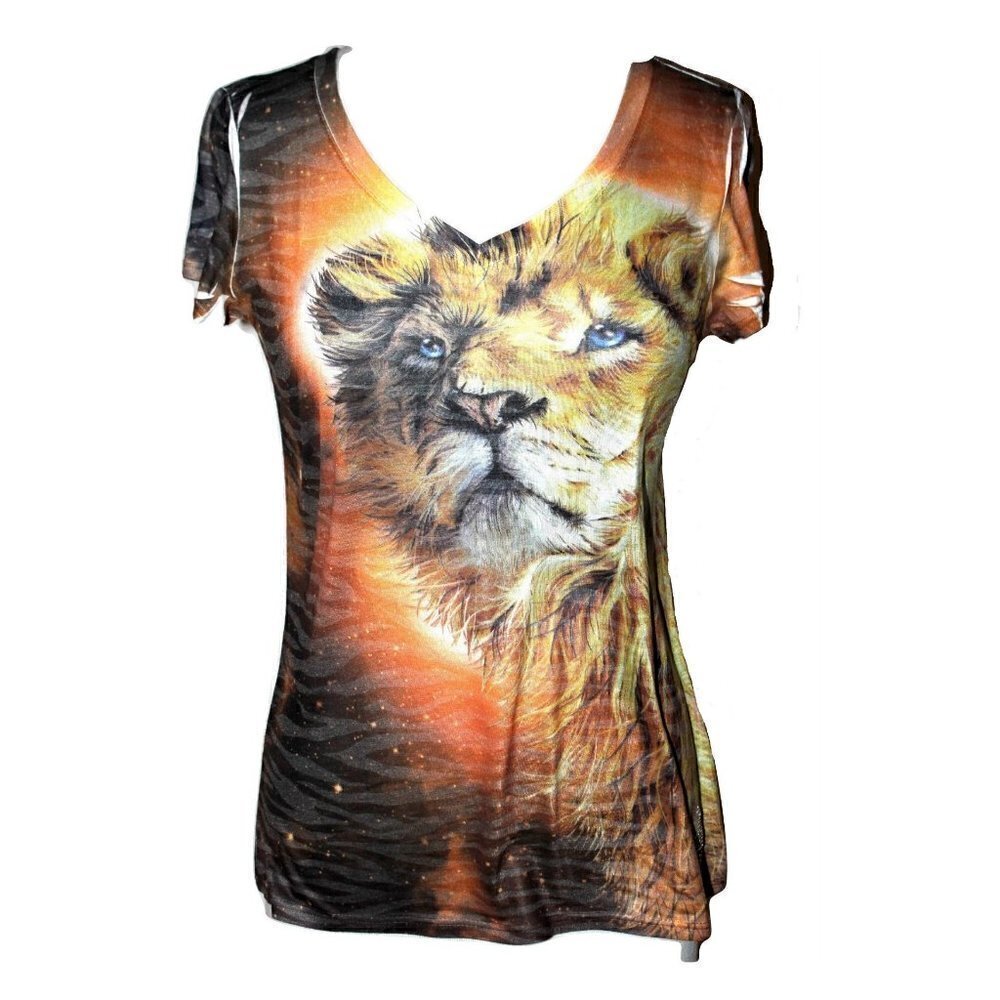 Orange Gold Brown Lion of Judah Bottom Sheer Zebra V-Neck Womens Top - Medium